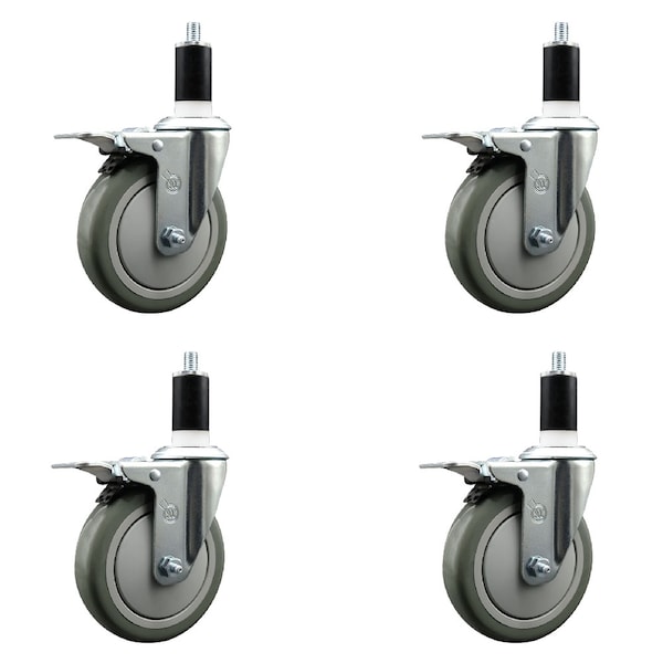 5'' Gray Poly Swivel 1-3/8'' Expanding Stem Caster Set Total Lock Brake, 4PK